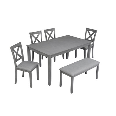Soft gray acacia wood 6-piece dining set with rectangular table, 4 upholstered chairs and bench, practical for family meals and gatherings