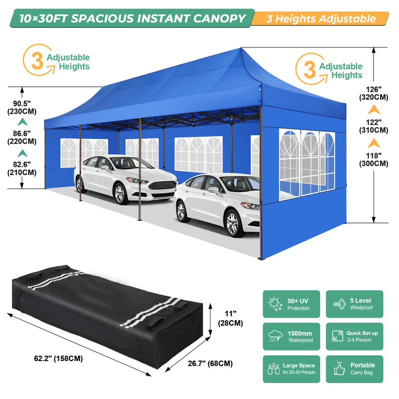 Blue 10x30 Heavy Duty Pop Up Canopy Tent with Sidewalls
