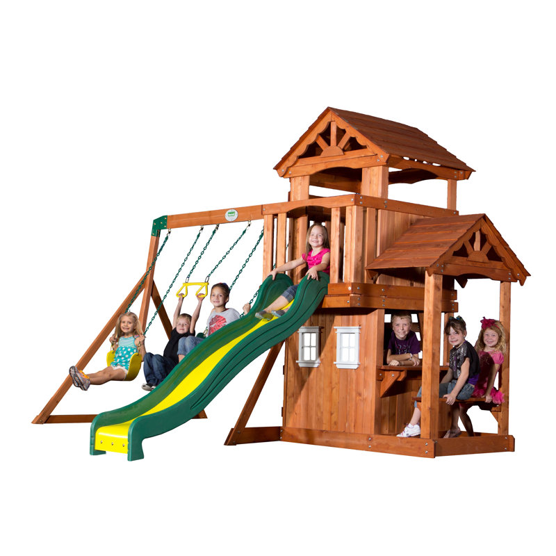 Backyard Discovery Tanglewood Cedar Wood Swing Set with Wave Slide, Clubhouse, Playhouse, and Covered Snack Bar