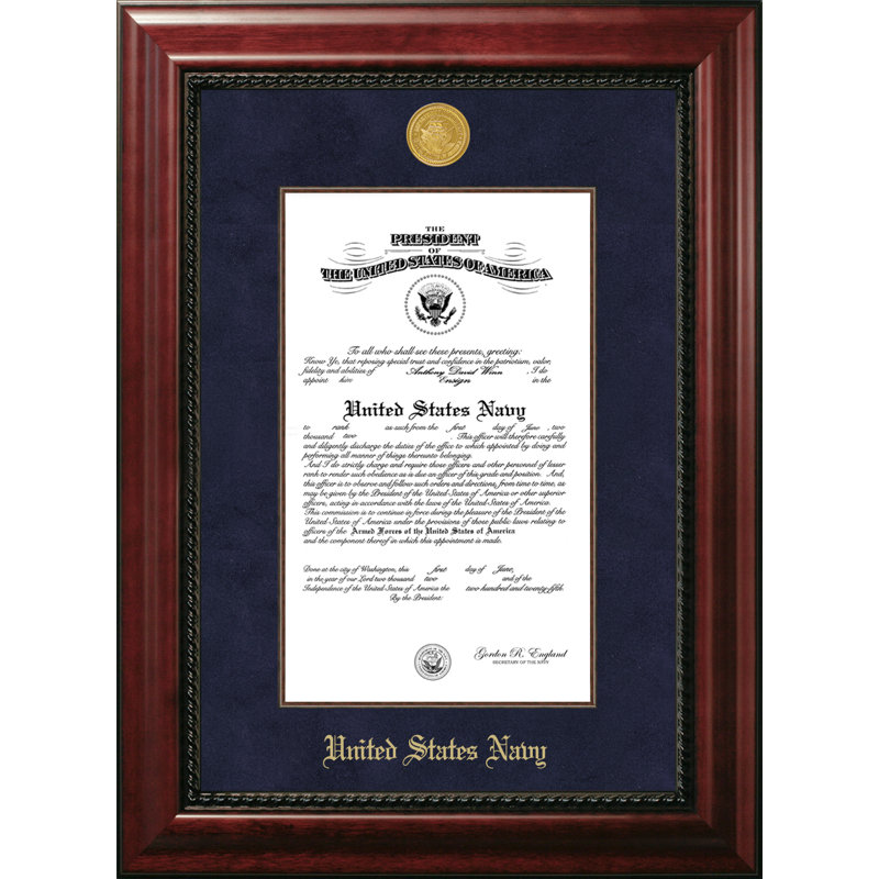 Cadre de direction de certificat marine, 10 po x 14 po, Or / acajou