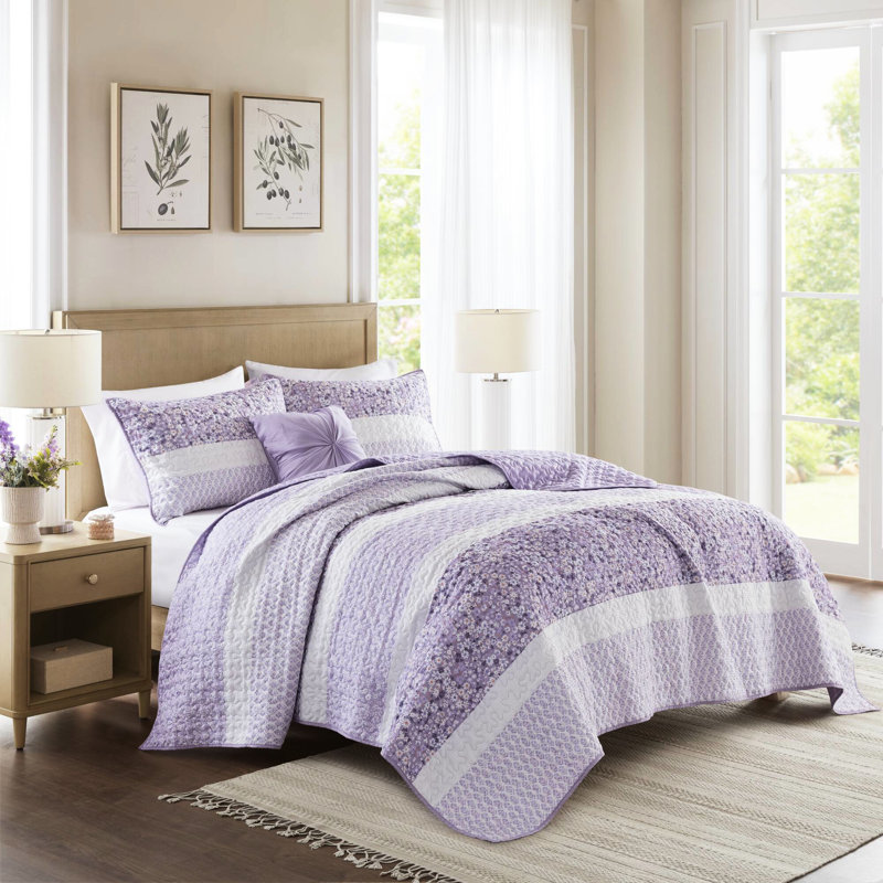Ensemble de courtepointe 4 pièces Seersucker - Lit double / grand, aspect chic et décontracté, trois motifs floraux