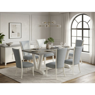Ensemble de table de salle à manger 6 pièces - 4 chaises de salle à manger en tissu de lin bleu bébé avec têtes de clous et table de salle à manger en lin blanc (blanc cassé) - 1 banc de cuisine - Lin brossé blanc