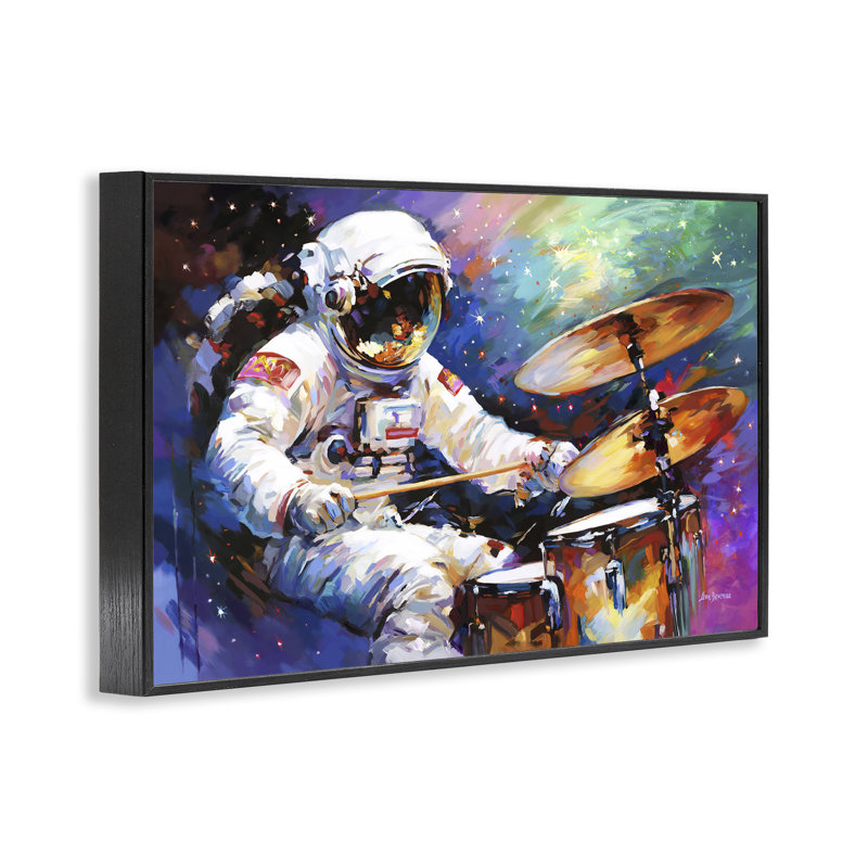 «Cosmic Drummer Musician», estampe numérique par Leon Devenice, Giclée encadrée noir minuit, H 20 po x l 30 po