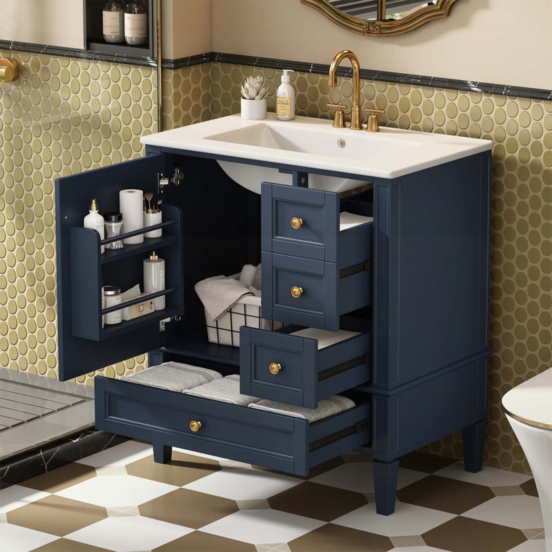 Meuble-lavabo avec lavabo, 3 tiroirs, structure en bois, rangement moderne pour la salle de bain, Bleu