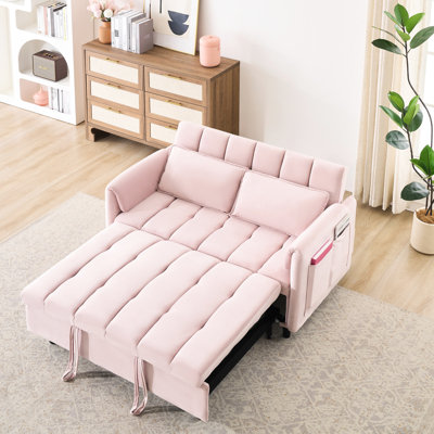 Lit 3 en 1 rose avec gigogne, 132 cm, en velours, garni de mousse, pieds en métal et plastique, design gain de place, lit moderne convertible avec coussin, mobilier de chambre