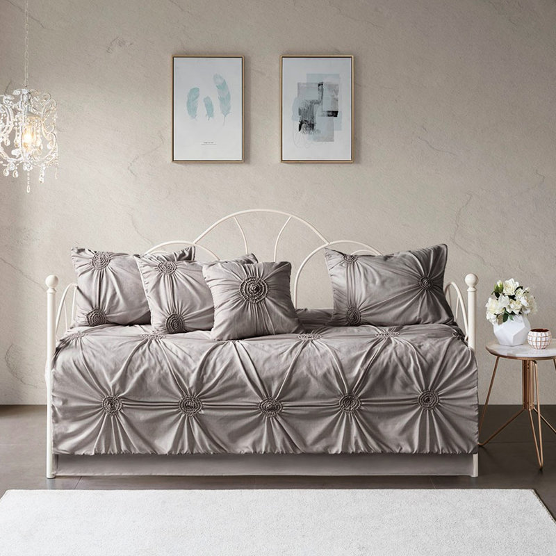 Twin Size Dark Grey Daybed Cover Featuring Puckered Diamond Decorative Pillow With Flower-shaped