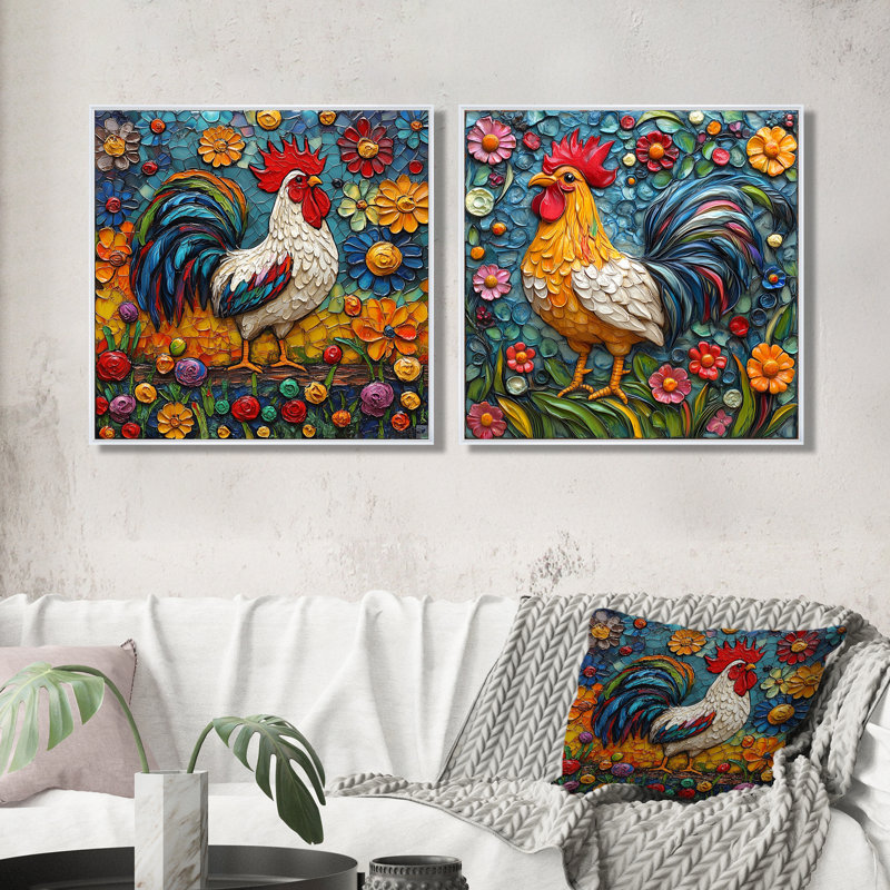 Coq coloré dans les champs de fleurs I - Art mural coq animal - Art mural moderne pour le salon 2 pièces, H 36 po x l 73 po