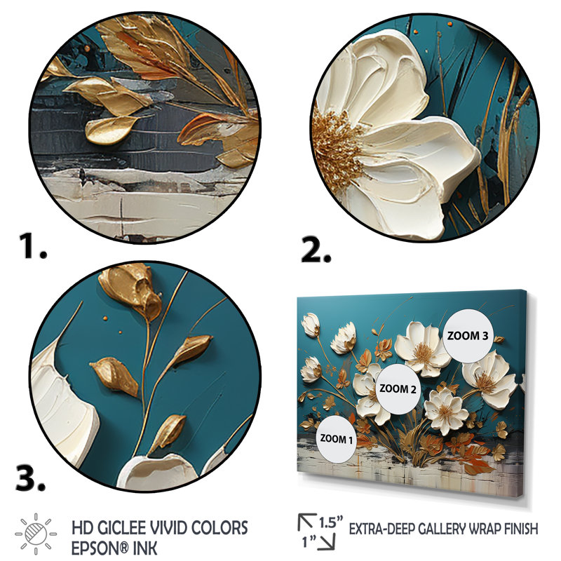 Bleu et or, charmante fleur printanière élégance II - Fleurs, art mural, Cadre flottant doré, H 12 po x l 20 po x P 1 po