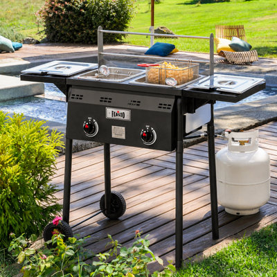 Chariot de friteuse au gaz propane double réservoir 4 gallons Feasto avec tables d'appoint pliables, acier inoxydable pour la cuisson en plein air