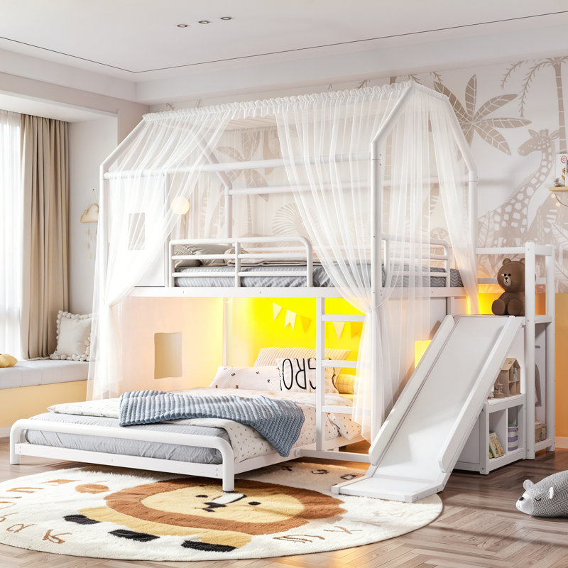 Lit superposé cabane de jeu (deux places superposées) avec glissade, échelle, bande lumineuse DEL, rideau et armoire de rangement, blanc