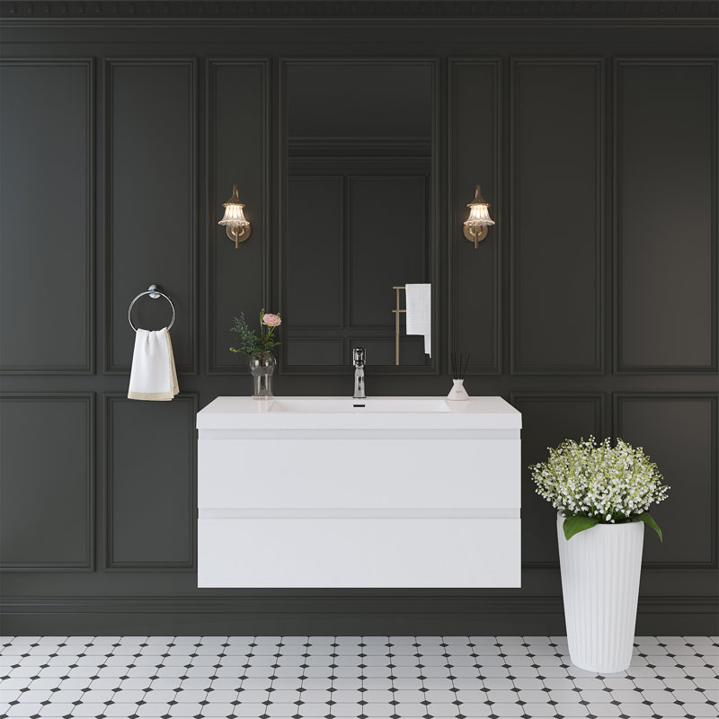 Meuble-lavabo flottant 42 po avec lavabo, Blanc lustré