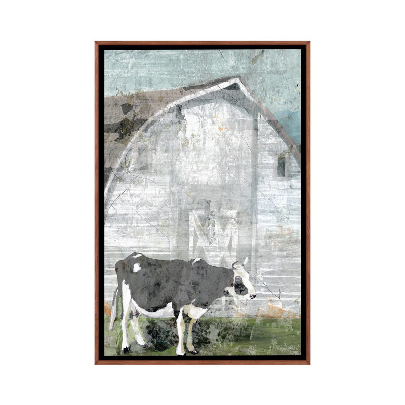Barn With Cow by Stellar Design Studio - Painting on Canvas, Brown Floater Frame, 66.04 cm H x 45.72 cm W