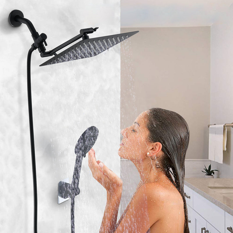 Shower Head, 10 Inch High Pressure Rainfall Shower Head/Handheld Shower Combo With 11 Inch Extension Arm, 6 Settings Adjustable Anti-Leak Shower Head With Holder/Hose, Height/Angle Adjustable