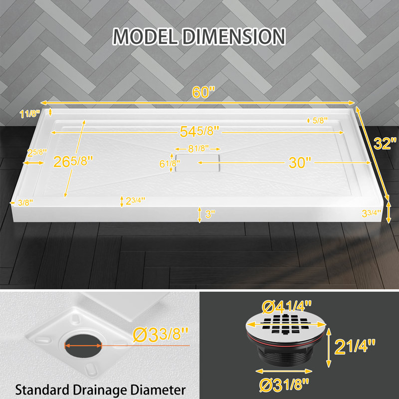 60" W × 32" D Acrylic Shower Base Single Threshold for Alcove Installation with Center Drain, Center
