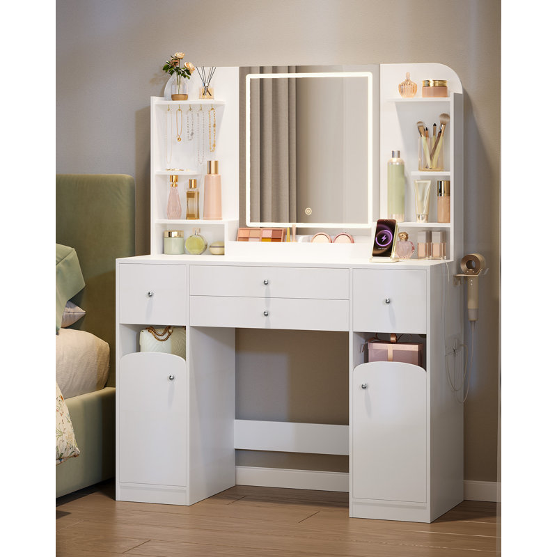 Dressing Table with Mirror, Vanity Table with Adjustable Brightness, Power Strip, 4 Drawers and 2 Open Cabinets, 5 Jewelry Hooks, Open Compartments