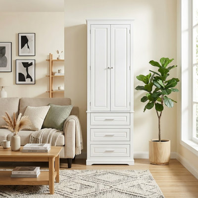 Madrona Modern Minimalist Freestanding Wooden Tall Wardrobe Linen Cabinet, White