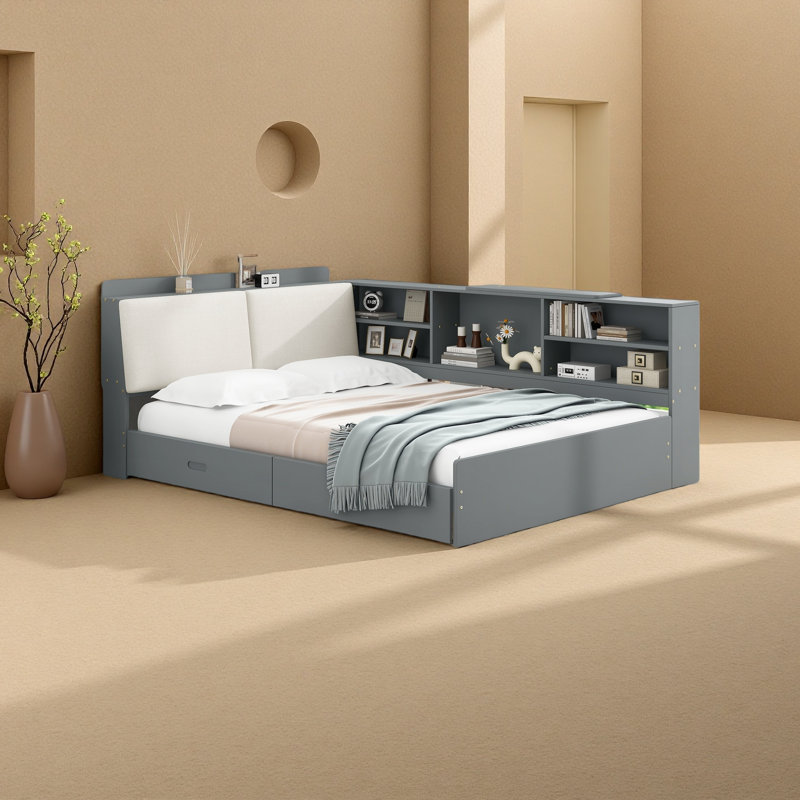 Lit plateforme, tablettes et tête de lit en bois, Gris / Blanc