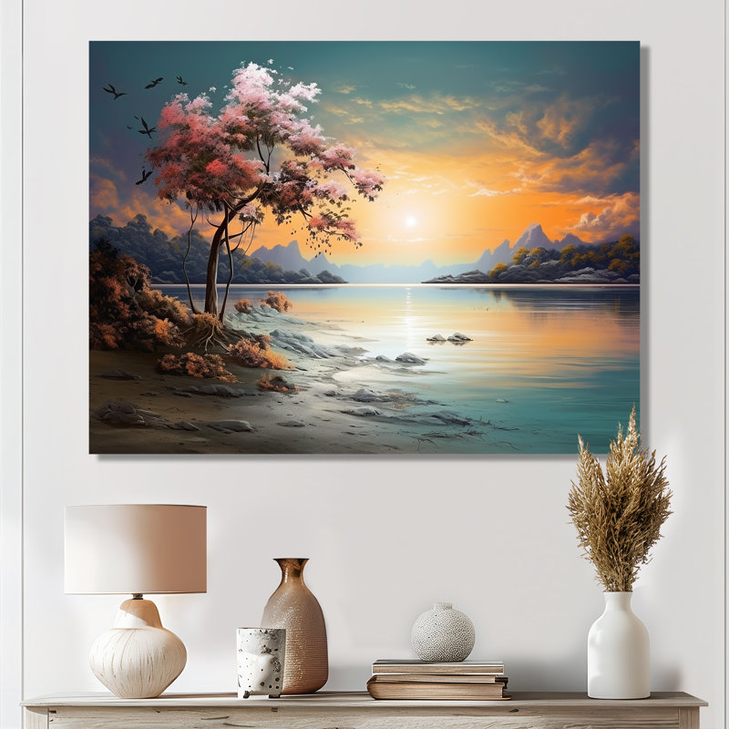 Fleur de cerisier au coucher du soleil sur le lac - salon d'art mural plage et océan, Métal métal, H 12 po x l 20 po x P 1 po