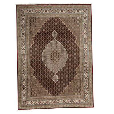 Tapis oriental en laine / soie noué à la main brun / crème