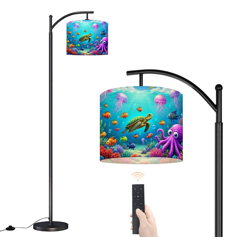 Arc Floor Lamp Underwater Ocean Scene Sea Turtle Colorful Fish Jellyfish Floor Lamps with Remote LED Lights Adjustable Lamp Shades Tall Standing Lamps for Reading Office Living Room