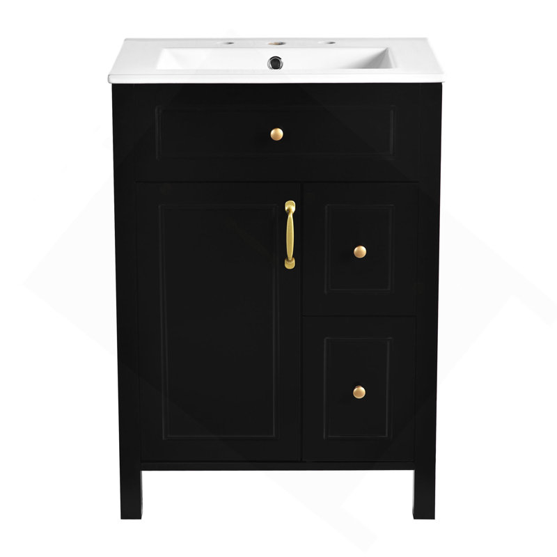 Meuble-lavabo élégant avec lavabo en céramique, portes et tiroirs à fermeture en douceur et poignées rétro dorées, Noir