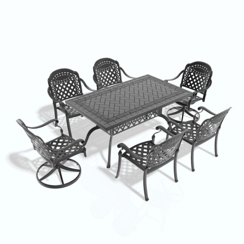 Ensemble de salle à manger 7 pièces en aluminium coulé toutes saisons comprenant 2 chaises pivotantes, 4 chaises et une table rectangulaire avec cadre