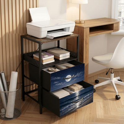 Table de chevet 2 tiroirs avec station de charge, table de chevet de chambre à coucher avec ports USB et prises de courant, tablette de chevet noire, table de chevet avec sérénité pleine lune calme et impression de vagues de l'océan