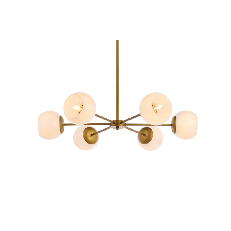 Lustre linéaire moderne Spoutnik à 6 lumières Caisha, Laiton / blanc, H 6 po x l 30 po x P 30 po