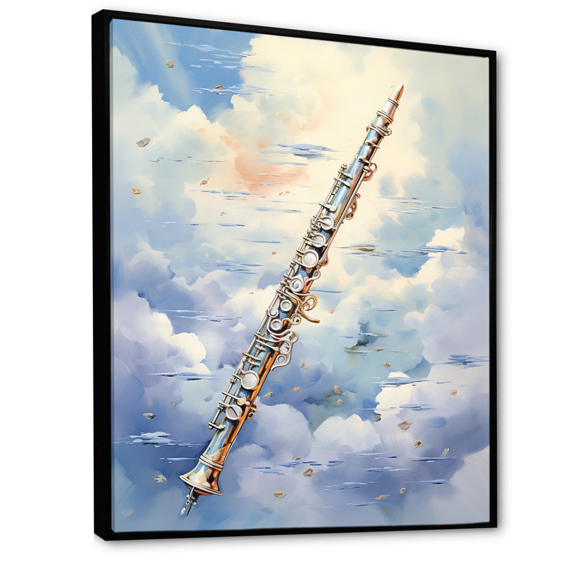 «Music Flute Flight Sky Blue II» sur toile, Cadre flottant noir, H 20 po x l 12 po x P 1 po