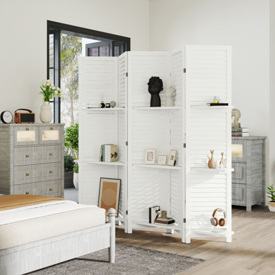 Paravent de chambre en bois gris, 4 panneaux de 170 cm de hauteur, avec 3 étagères et rangement pliable, occultant et 3 étagères.