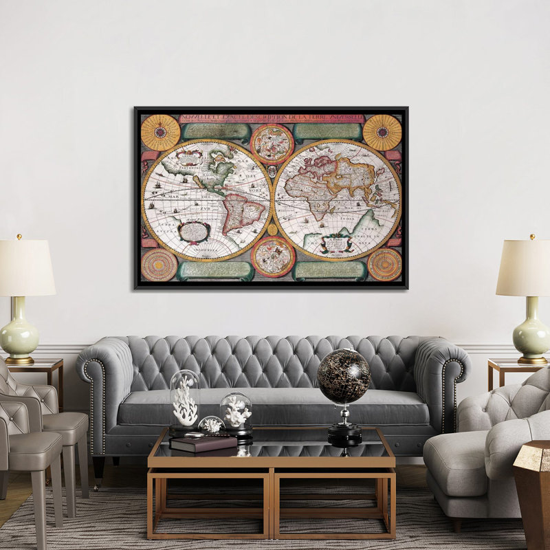 Antique Map Terre Universelle, 1594, impression sur toile, H 18 po x l 26 po x P 1,5 po, Toile encadrée noire, Pas de tapis
