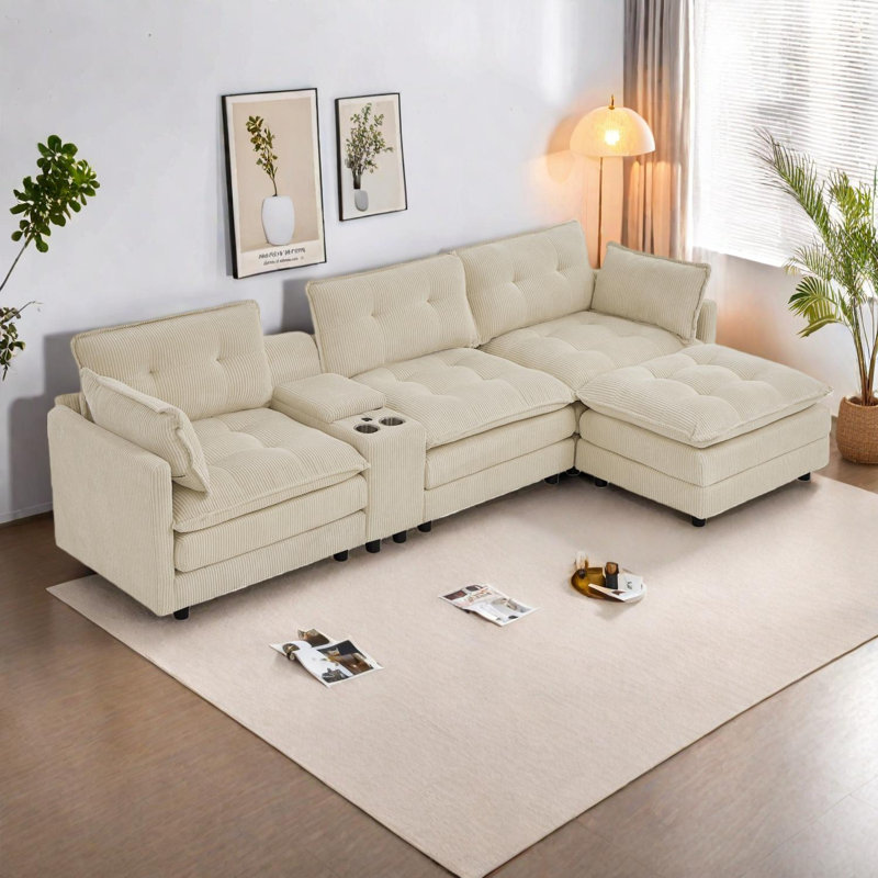 Canapé modulaire surdimensionné de 119 po en L avec repose-pieds et console, Beige