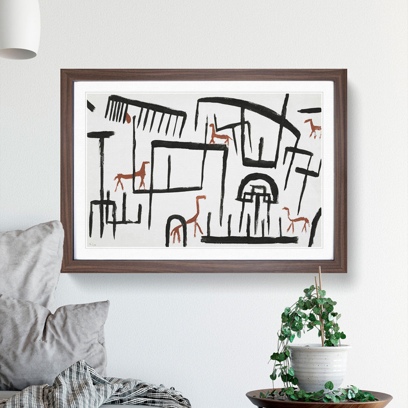 Animals in an Enclosure by Paul Klee - Picture Frame Painting, 48cm H x 65cm W x 2cm D, Walnut