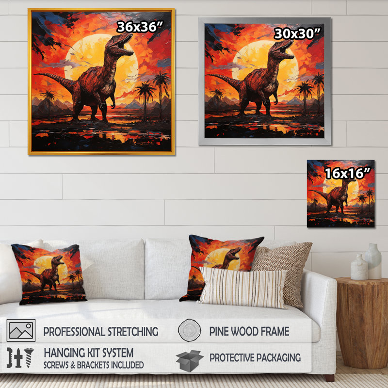 «Red and Yellow Dinosaur Sunset III - Dinosaur», art mural encadré, Cadre simple blanc, H 30 po x l 30 po x P 1,5 po
