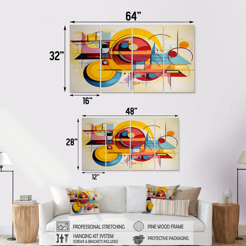 Coucher de soleil jaune délavé - ensemble d'art mural géométrique 4 pièces, H 32 po x l 64 po