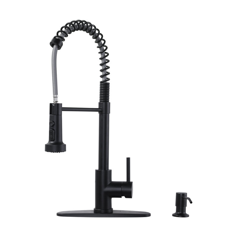 Single Handle Pull Down Kitchen Faucet with Soap Dispenser in Brushed Nickel, Matte Black