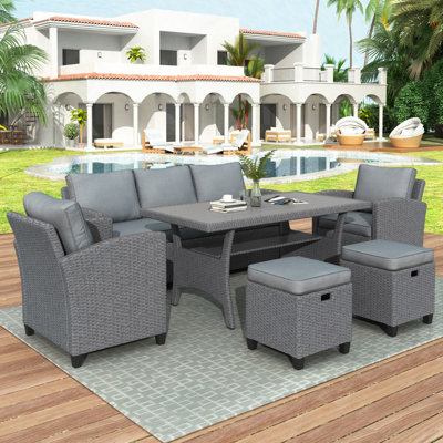 6-Piece Outdoor Rattan Wicker Set Patio Garden Backyard Sofa, Chair, Stools and Table