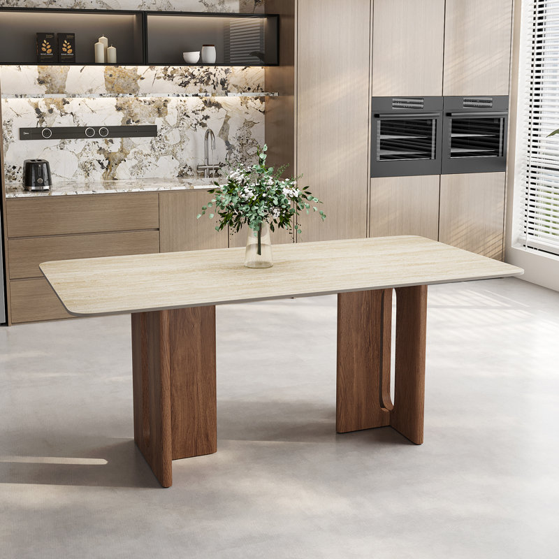 63'' Rectangular Dining Table For 4-6, Stone Dining Table With Wooden Double Base