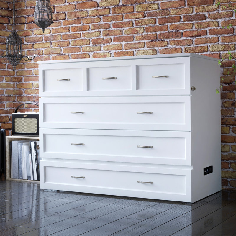 Andriena Murphy Bed Chest with 6" Mattress, Storage & Built-in Charger, Full, White