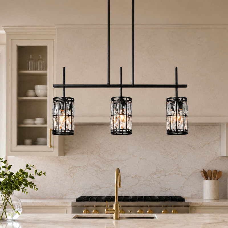  Baconton 3 - Light 31.5" W Glam Crystal Accents Kitchen Island Linear Pendant