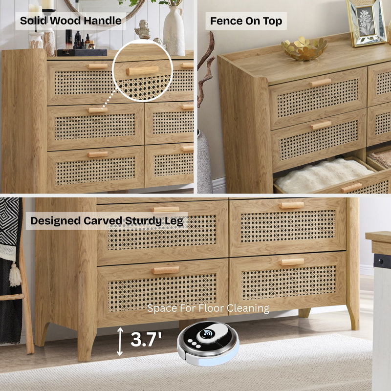 Rattan-Inspired 6 Drawer Dresser for Bedroom, 47.2″ W Modern Wide Chest of Drawers, Wood Storage Organizer for Clothes, Entryway, Hallway, Nursery or Living Room, Oak