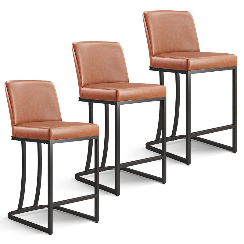 Romilio 24″ Upholstered Brown Counter Stool with Faux Leather for Kitchen & Dining (Set of 3), Black, Brown
