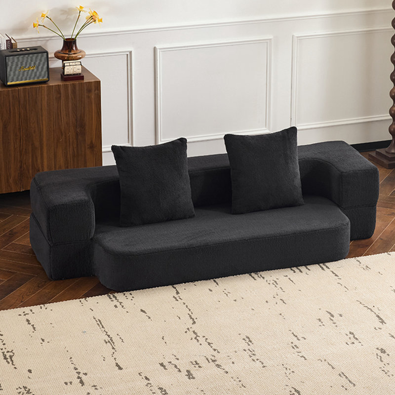 Canapé-lit avec coussin moelleux et deux coussins, Noir