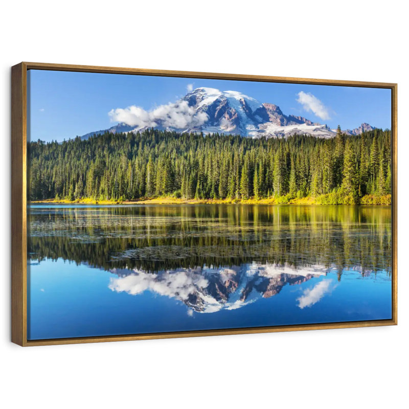 Lac alpin près du mont Rainier, 19 po x 13 po, Cadre flottant doré