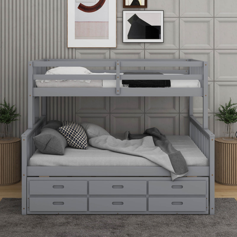 Twin Over Full Bunk Bed With Trundle And Drawers, Gray