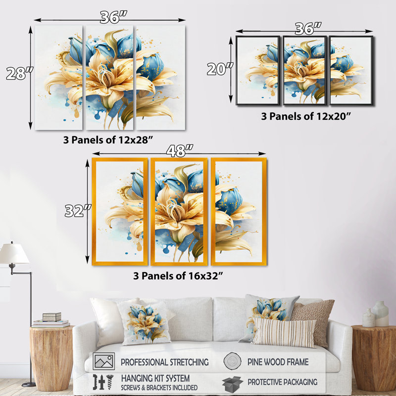 «Gold and Blue Lily Bouquet I», reproduction sur toile 3 pièces, H 28 po x l 36 po x P 1 po, Toile tendue