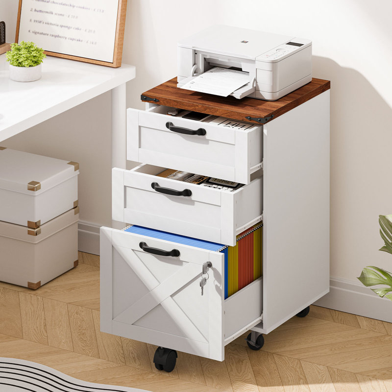 Classeur Farmhouse avec serrure, classeur mobile sur roulettes pour format A4 / lettre