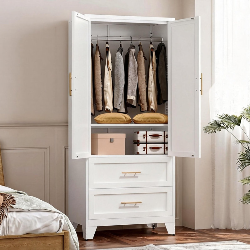 71? White Metal Wardrobe Cabinet With Drawers, White 