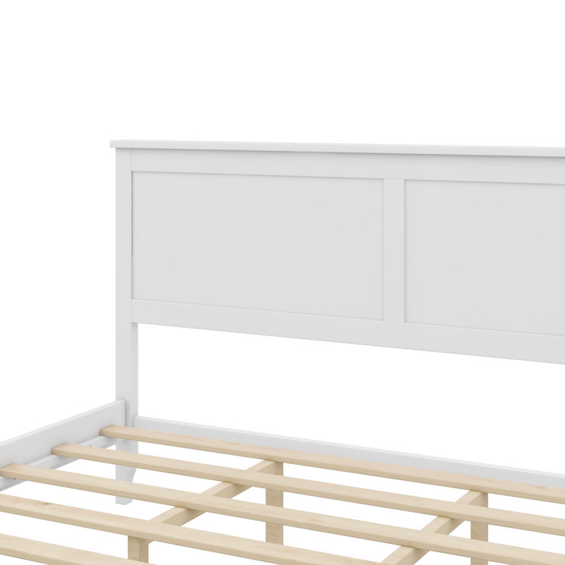 Simplistic Panel Bed Frame With Sturdy Wooden Slats Support, White, Queen