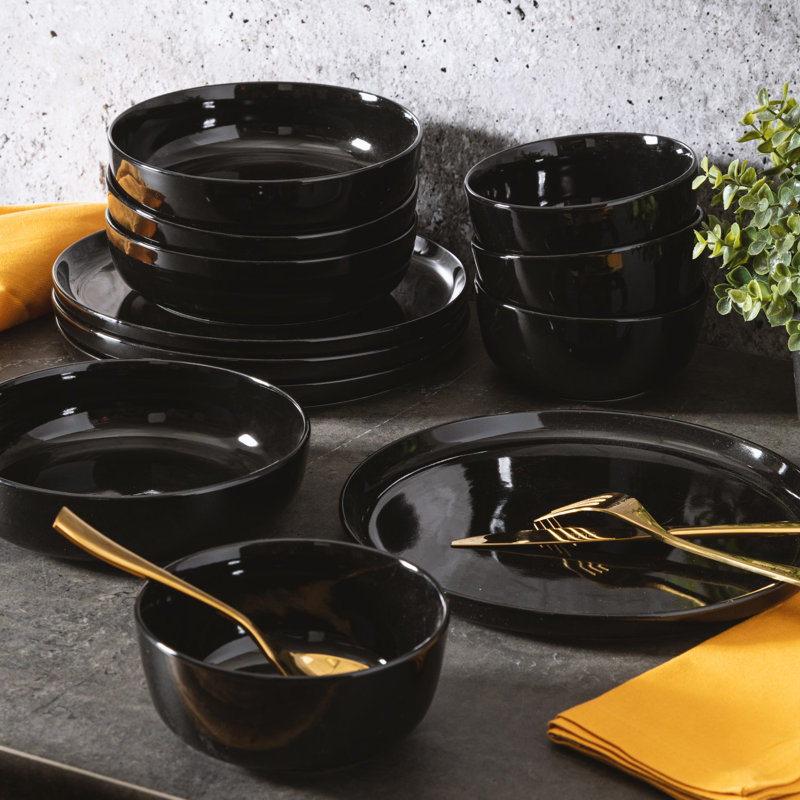 Black Porcelain Floral 12-Piece Dinnerware Set